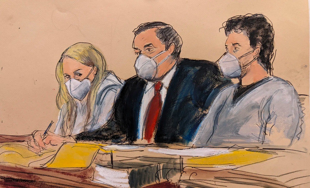 Courtroom sketch of individuals wearing masks, related to a legal proceeding in the cryptocurrency industry.